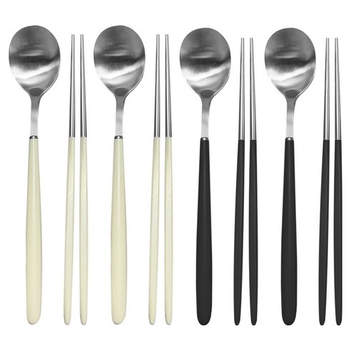 영수산업카멜 스텐 한식 파스텔 샤틴 수저세트, 아이보리, 아이보리, 블랙, 블랙, 1세트, 숟가락 4p + 젓가락 4p