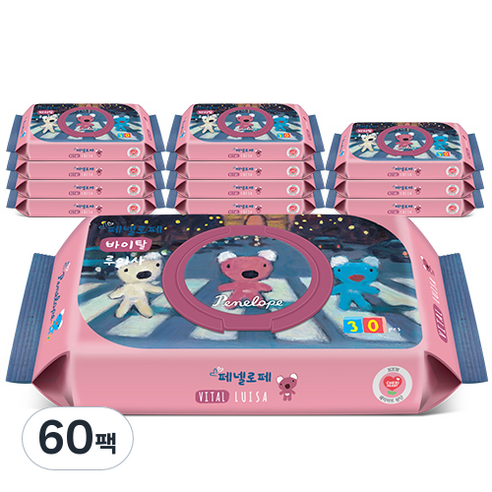페넬로페 바이탈 플러스 루이사 저자극 아기물티슈 휴대용 캡형, 30매, 60팩