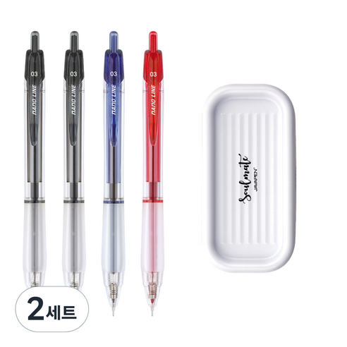 자바펜 나노라인 펜 0.3mm 검정 2p + 파랑 + 빨강 + 펜트레이 세트, 화이트(펜트레이), 2세트