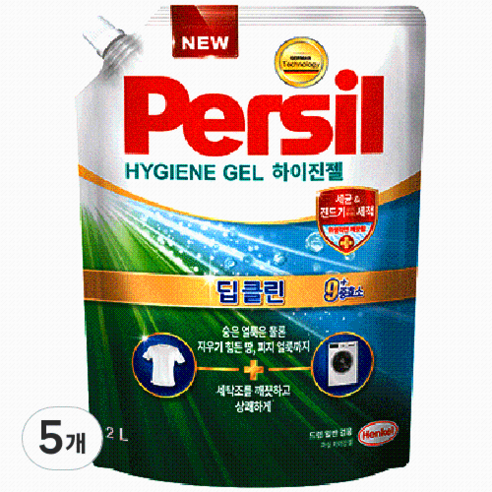 퍼실 하이진젤 딥클린 9중효소 액상세제 리필, 2L, 5개