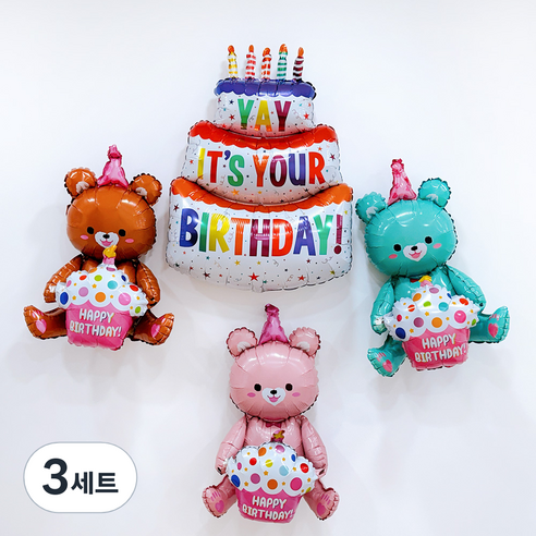 파티공구 곰돌이 생일 컵케이크 풍선 4종 세트, 혼합색상, 3세트