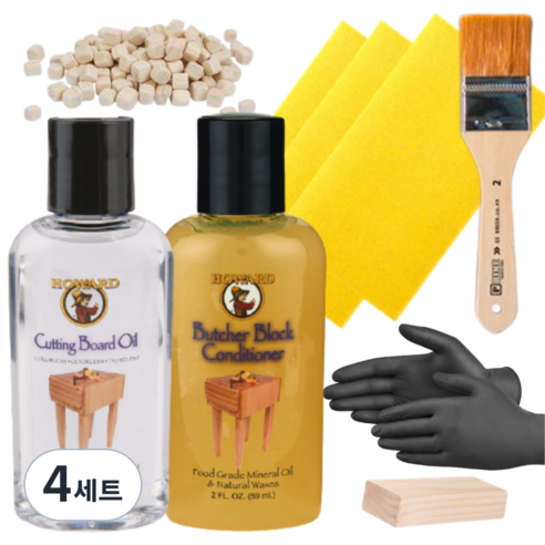 하워드 나무 도마 관리 키트 미네랄 오일 + 컨디셔너 + 샌딩 페이퍼 6p + 작업용 블록 + 브러쉬 + 장갑 + 도마 거치용 큐브 4p 세트, 4세트, 59ml