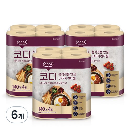 코디 음식전용 안심 천연펄프 키친타월 140매, 24개