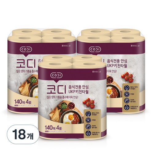 코디 음식전용 안심 천연펄프 키친타월 140매, 4롤, 18개