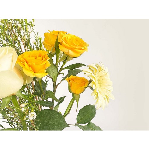 푸에고 장미, 백색 리시안, 미스티블루 꽃이 매혹적인 아름다움을 선사하는 Yellow 꽃다발