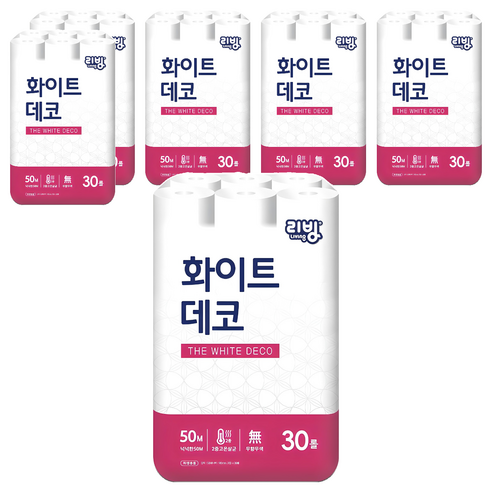리빙티슈 2겹 화이트데코 일반롤화장지, 50m, 30개입, 6개