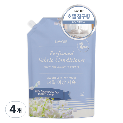 라브아 퍼퓸 섬유유연제 화이트머스크앤앰버 리필, 4개, 2L