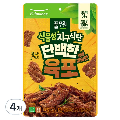 풀무원 식물성 지구식단 단백한 육포 양념갈비맛, 100g, 4개