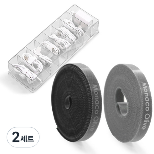 모나코올리브 벨크로 타이 2종 + 칸칸 케이블 정리 수납함, 그레이, 블랙(타이), 투명(수납함), 2세트