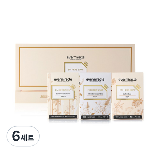 에버미라클 EM 허브비누 뱀부차콜 + 금잔화 + 어성초 세트, 100g, 6세트