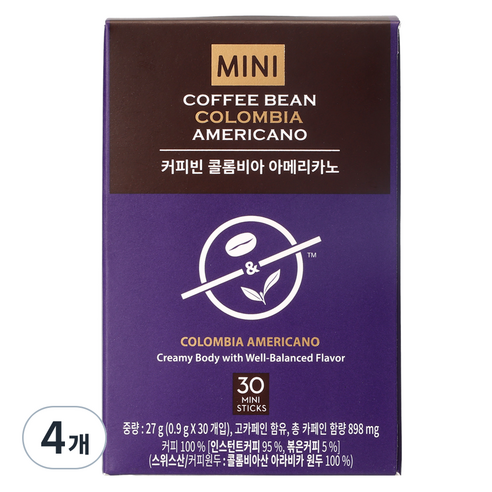 커피빈 콜롬비아 아메리카노 스틱커피 미니, 0.9g, 30개입, 4개