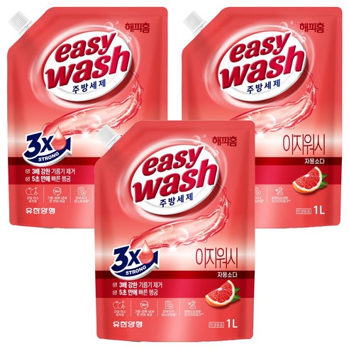 해피홈 주방세제 이지워시 자몽소다 리필, 1L, 3개