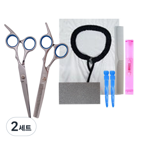 씨엔에스월드 PRO 헤어 틴닝가위 + 커트가위 + 스펀지 + 빗 + 머리자 + 집게핀 2p + 컷트보 세트, 혼합색상, 2개