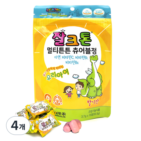 조아제약 잘크톤 멀티튼튼 츄어블정 딸기맛 55.5g, 15정, 4개