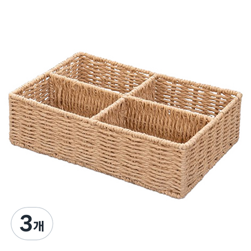 블럭마트 라탄 수납 바구니 4칸, 브라운, 3개