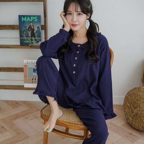테라우드 여성용 거즈순면 긴팔 잠옷 상하세트
