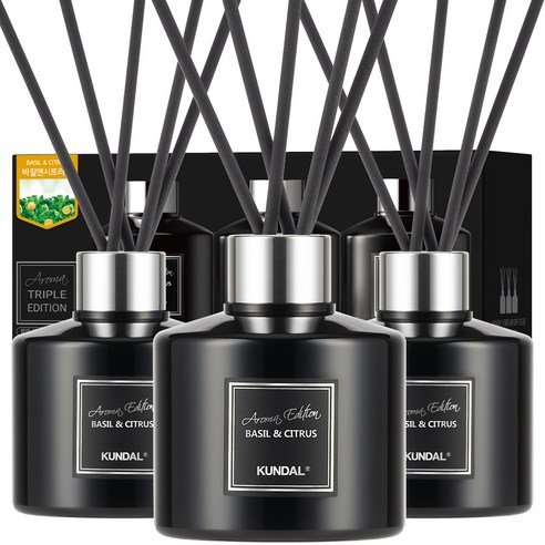 쿤달 퍼퓸 디퓨저 아로마에디션 3개 + 섬유스틱 15개 세트, 바질앤시트러스향, 200ml, 1세트