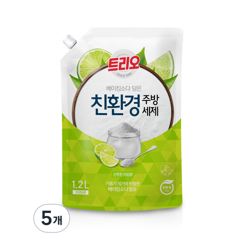 트리오 베이킹소다 담은 친환경 주방세제 라임향 리필, 1.2L, 5개