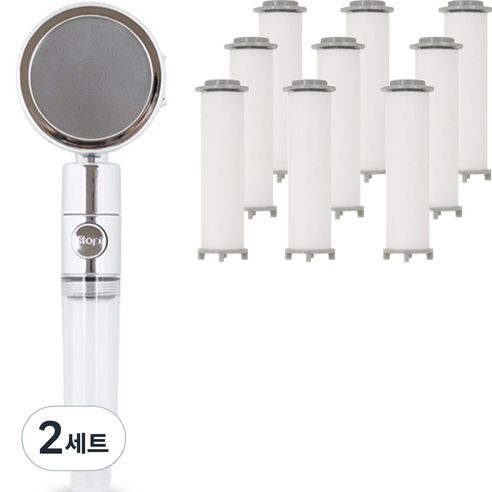 루페 폭풍수압 3단분사 자유회전 원터치 온오프 필터 샤워기 헤드 + 리필 필터 9p 세트, 2세트