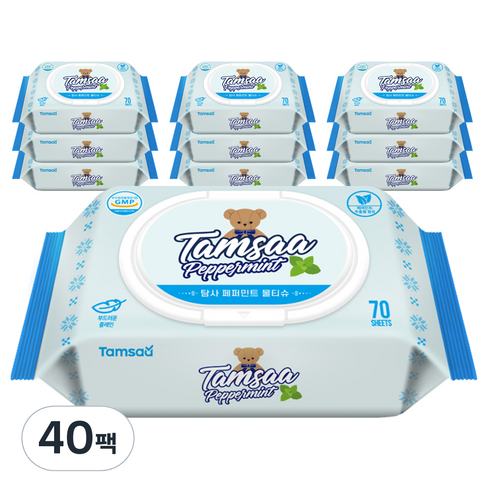 탐사 페퍼민트 물티슈 캡형, 70매, 40팩