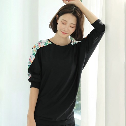 릿핏 여성용 가오리 래쉬가드 상의 LT0007, 블랙 + 꽃나염