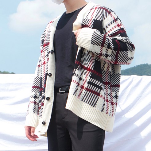 남성용 체크 오버핏 니트 가디건