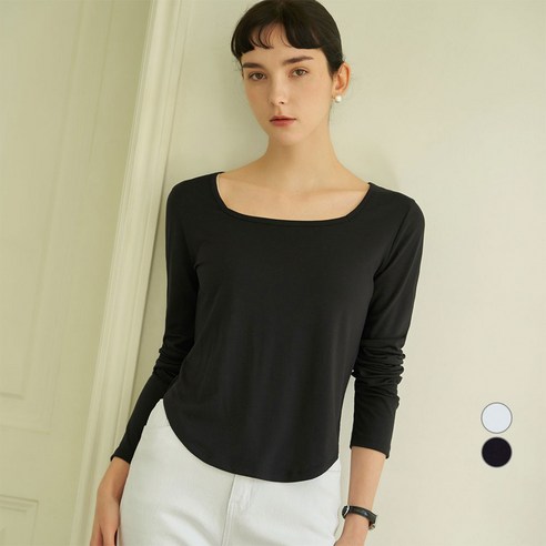 ELLE PARIS 여성용 슬림핏 딥 유넥 긴팔 티셔츠