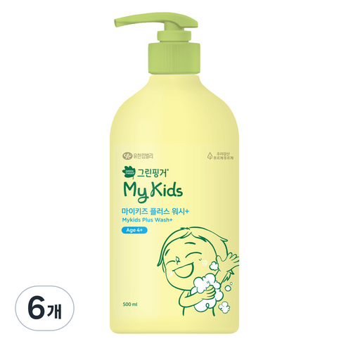 그린핑거 아동용 마이키즈 플러스 미세먼지 클렌징 저자극 워시 복숭아향, 6개, 500ml