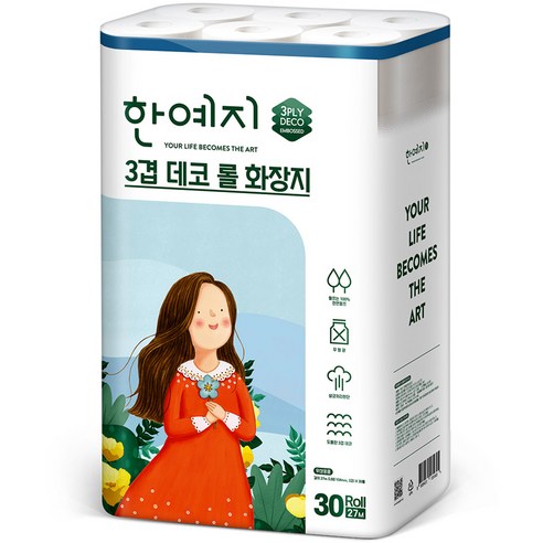 한예지 3겹 데코 천연펄프 롤화장지 27m, 30롤, 3팩