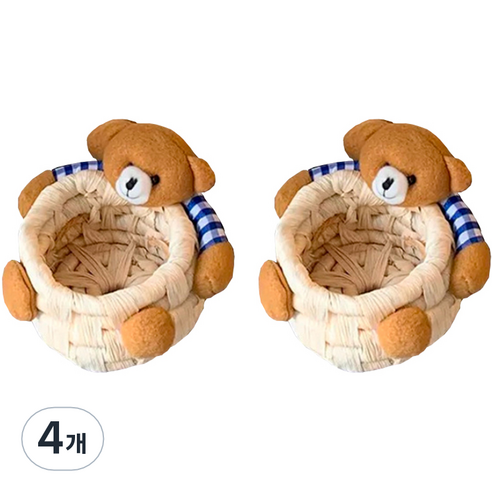 브리스크스타일 곰돌이 라탄 책상 정리 바구니 대형, 브라운, 4개