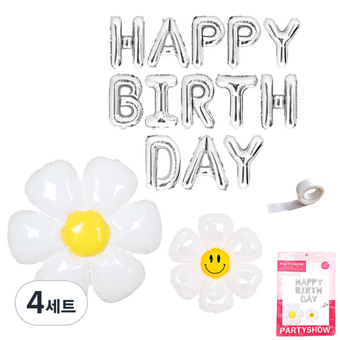 파티쇼 메세지 은박풍선 생일 + 데이지 플라워 소 + 중 + 다용도 글루닷 세트, 실버(생일 풍선), 4세트
