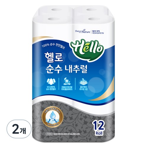 헬로 순수 내츄럴 천연펄프 화장지 27m, 12롤, 2개