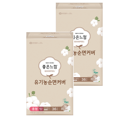 좋은느낌 유기농 순면커버 울트라슬림 생리대 날개형 중형 × 36개입 × 2개, 중형 × 36개입 × 2개 섬네일