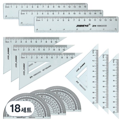 ZHIHENG 각도기 + 삼각자 2종 + 자 15cm 세트, 혼합색상, 18세트