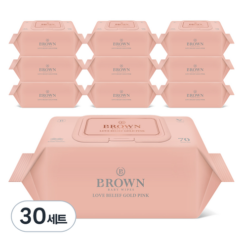 브라운 러브 빌리프 골드 핑크 아기물티슈 캡형 70평량, 70g, 70매, 30세트