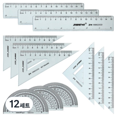 ZHIHENG 각도기 + 삼각자 2종 + 자 15cm 세트, 혼합색상, 12세트