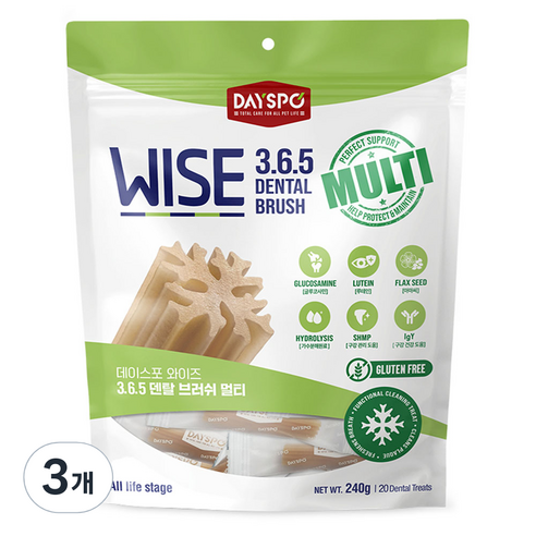 데이스포 와이즈 3 6 5 덴탈 브러쉬 강아지 덴탈껌, 3개, 240g, 멀티