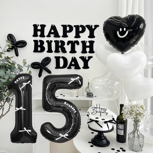 HBD 레터링 하트 파티 세트, 블랙 15, 1세트