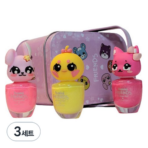 투미니 프렌즈 수성 매니큐어 고양이 + 병아리 + 토끼 + 틴케이스 세트, 트윙클핑크(고양이)+레몬옐로우(병아리)+피치핑크(토끼), 3개