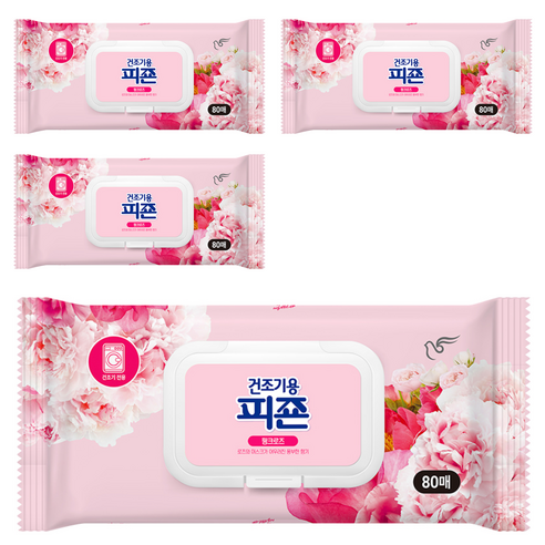 피죤 건조기용 오리지널 섬유유연제 핑크로즈 본품, 80매, 4개