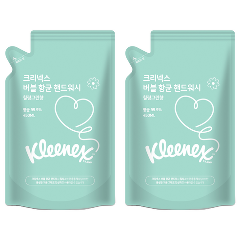 크리넥스 버블 항균 핸드워시 힐링그린향 리필, 450ml, 2개