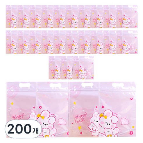 미미파티 감성 귀여운 구디백 손잡이 지퍼백 포장 봉투, 핑크토끼, 200개