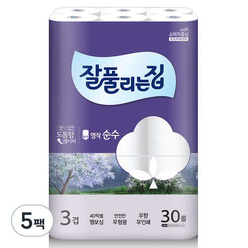 잘풀리는집 명작 순수 3겹 고급롤화장지, 30m, 30개입, 5개