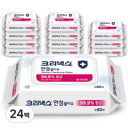 크리넥스 안심 물티슈 캡형, 60매, 24팩
