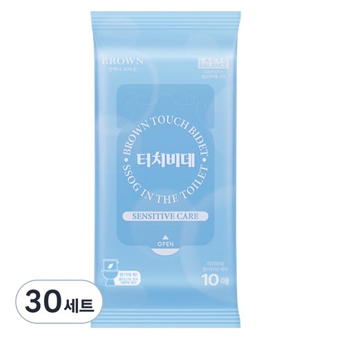 브라운 터치비데 센시티브 케어 화장실용 물티슈 휴대형, 55g, 10매, 30세트