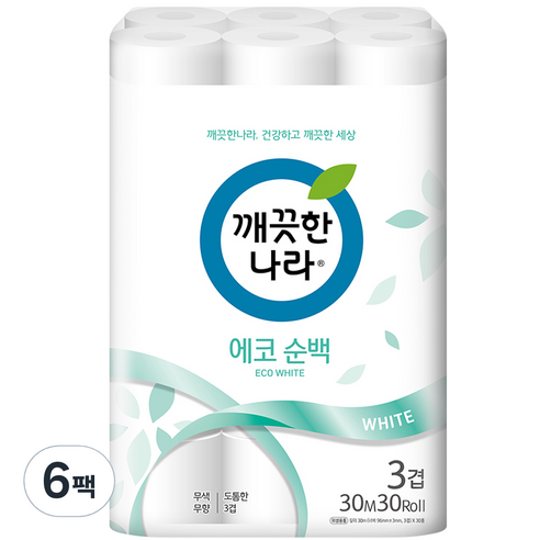 깨끗한나라 3겹 데코 에코순백 롤화장지 30m, 30롤, 6팩