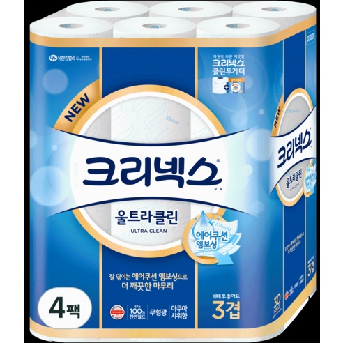 크리넥스 3겹 울트라 클린 롤화장지 천연펄프 27m, 4팩, 30롤