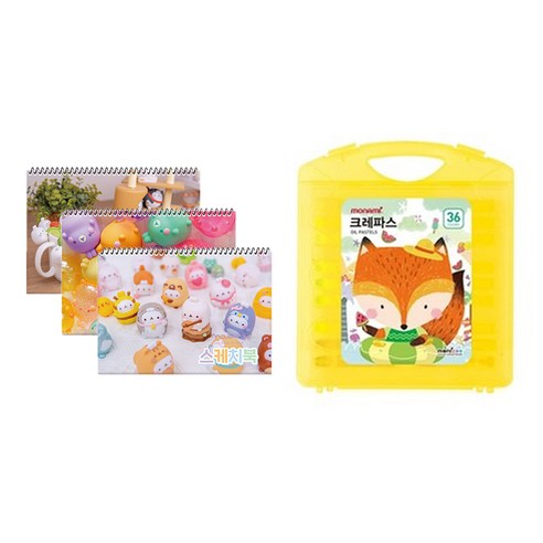 몰랑이 두툼 미술용 스케치북 170g x 3p + 모나미 모니주 가방파스 36색 문구세트, 랜덤발송(스케치북), 중성(크레파스), 1세트
