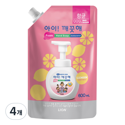 아이깨끗해 거품형 핸드솝 레몬 리필, 600ml, 4개