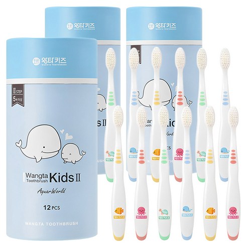 왕타 아쿠아월드 2호 어린이 칫솔, 혼합색상, 12개입, 3개